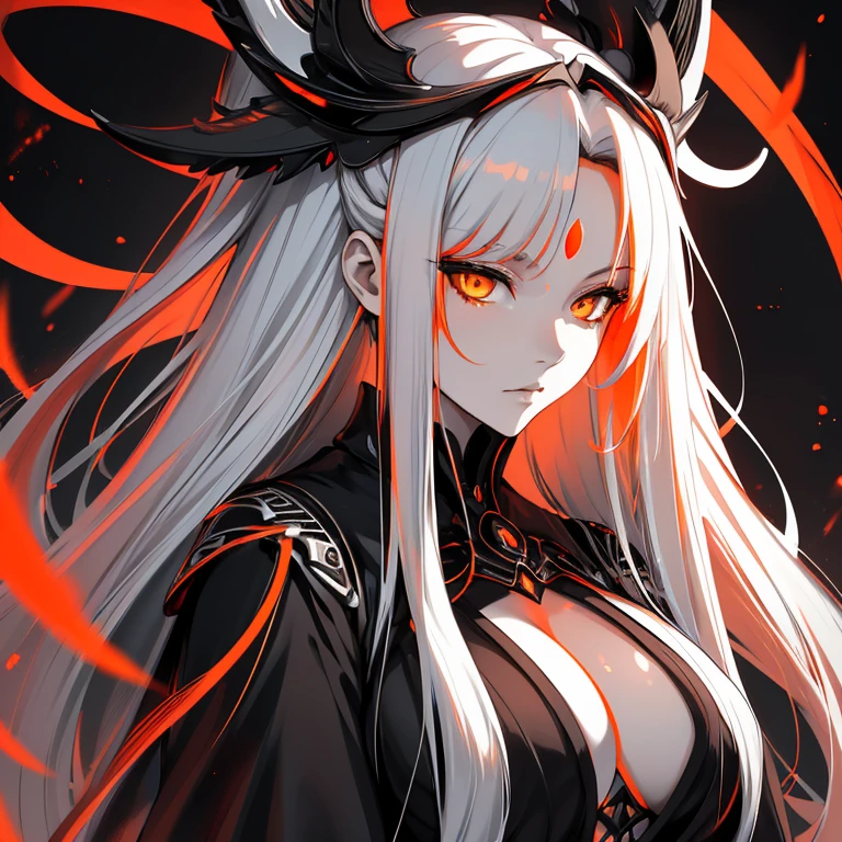 (best quality, highres, ultra-detailed), portraits, mature sexy woman, long white hair, beautifully clear skin, black attire, (orange eyes), sensual pose, subtle black spots, mysterious aura, (((monochromatic)))