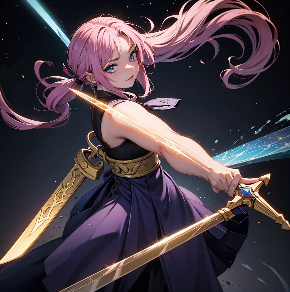 there is a cartoon image of a woman holding a sword, wielding a magical sword, brandishing powerful sword, brandishing cosmic weapon, dramatic wielding sword pose, [ digital art ]!!, brandishing futuristic sword, brandishing a powerful sword, magical sword, holographic blade!, digital art!!, dual wielding two magical swords, with large sword