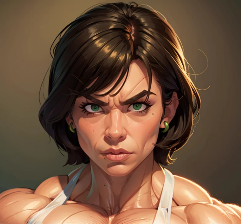 muscle woman with brunette hair wearing green bikini flexing massive muscles, most muscular pose, woman with huge muscles, mature woman, stern expression, green eyes, angry expression