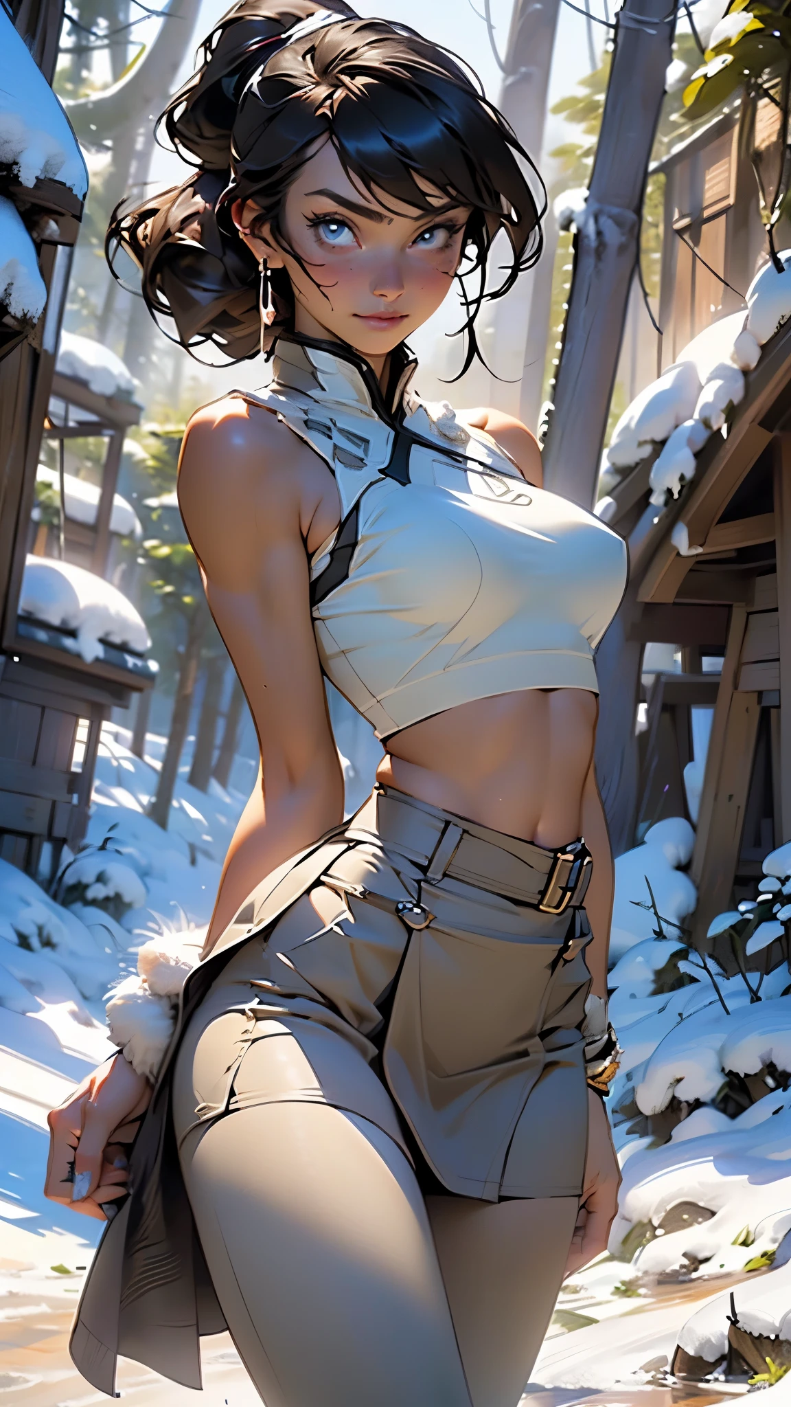 A woman in a white top and tan pants standing in the snow - SeaArt AI