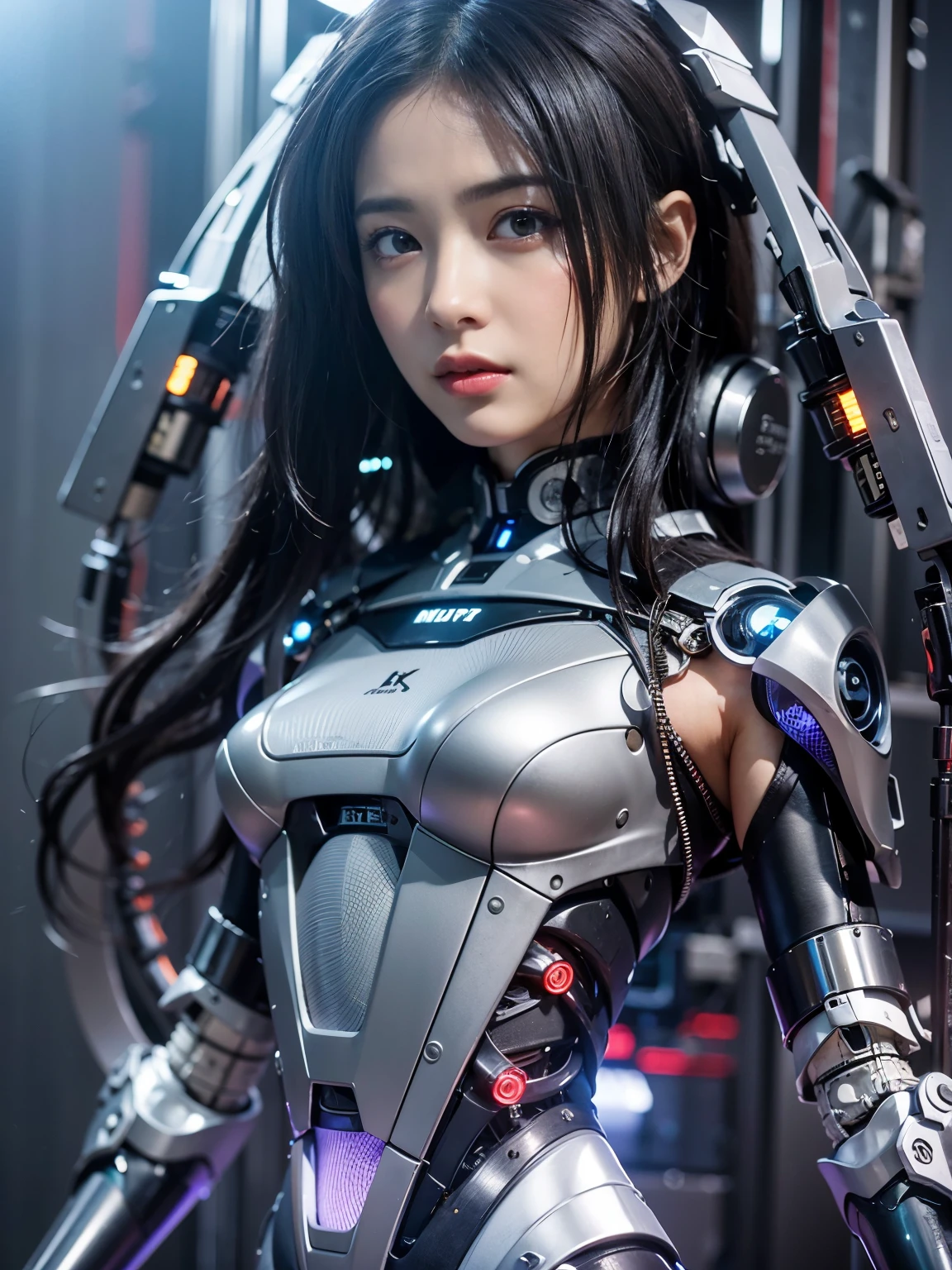 (best quality,4k,8k,highres,masterpiece:1.2),ultra-detailed,(realistic,photorealistic,photo-realistic:1.37),No. 18、beautiful detailed eyes,beautiful detailed lips,extremely detailed eyes and face,longeyelashes,(mechanical.robotic:1.2),silver metallic skin,shiny black hair,futuristic style,hovering in mid-air,sharp focus,physically-based rendering,professional,vivid colors,anime,studio lighting,blue and purple color palette,soft, diffused lighting