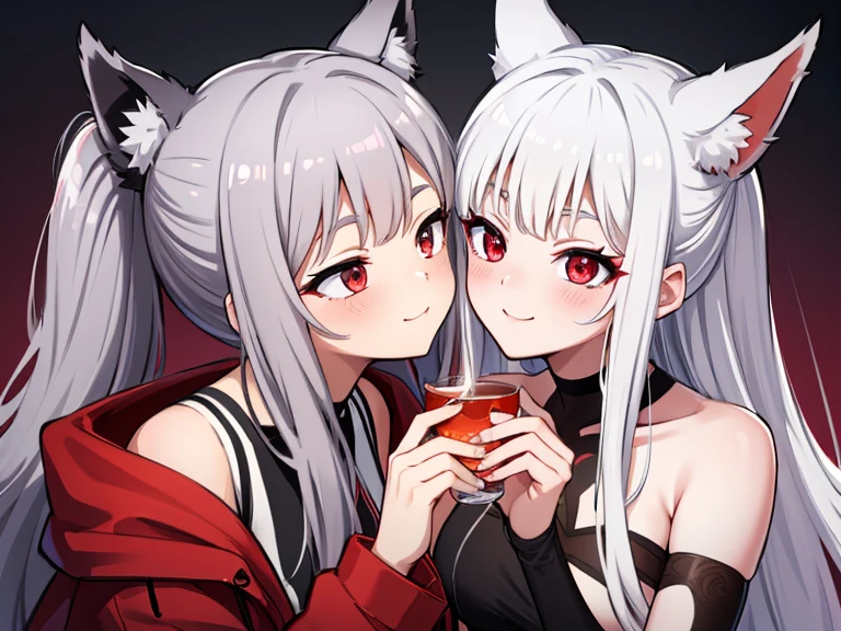 red eyes,details:1.5,(best quality,8k,highres,masterpiece:1.2),ultra-detailed, Foxy boy:1.1, with grey hair,evils smile,casual clothes,Foxy girl:1.1, with silver hair,feminine,blushing cheeks,near kiss