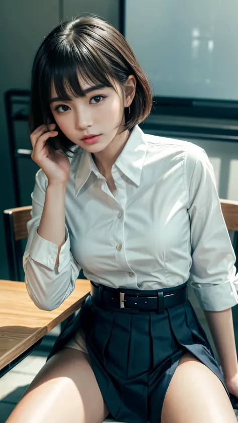 (table top)、((During the lecture)), real, 20-year-old, (baby face:1.2), japanese model, front, outstanding style, short bob, (We...