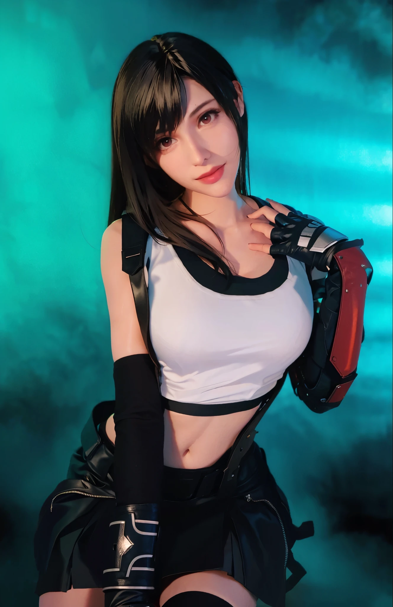 tifa lockhart, tifa_lockhart,  FF7, cara sensual, (camiseta sin mangas blanca:1.5), black latex miniskirt, (pelo largo negro), flequillo de pelo (ojos rojos:1.2) long eyelashes, surrealism, sombra, estereograma, tirar, atmospheric perspective, cinematic lighting, trazado de rayos, 8K, Super detail, Mejor calidad, obra maestra, bien detallado,guantes de combate, pechos grandes, Delgado, tetas grandes, enorme , abriendo las piernas, tanga blanca (sonriente)