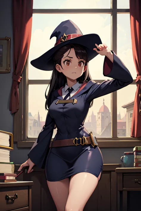 A black haired female witch with brown eyes with an hourglass figure in a conservative witch's uniform is  practicing magic in a...