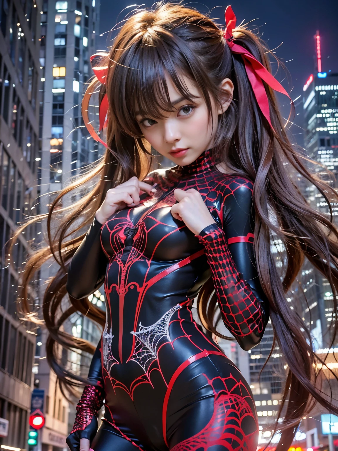 (best quality,8k,highres,masterpiece:1.2),ultra-detailed,sharp focus,1girl,long hair,twin tails,red eyes,brown hair,spider suit,spiderweb,skyscrapers,city,buildings,cars,streets