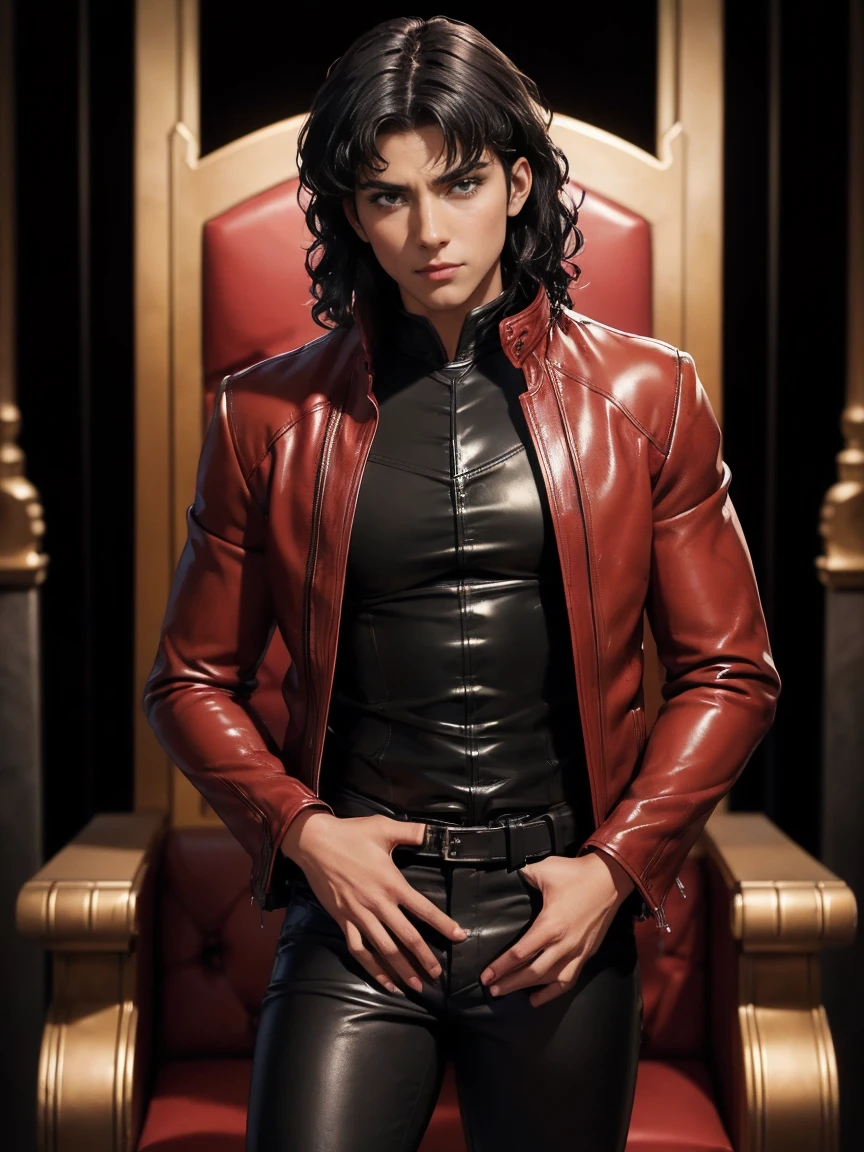 (one man:1.6), (Gorgeous 25 year old African American vampire mercenary), (Wavy short black hair:1.4), (caramel brown leather:1.4), (green eyes), (Wearing a red leather jacket, Black shirt with V-neck inside, and black skinny pants:1.4), (Castle altar at night by moonlight), (I stand elegantly in the throne room :1.4), centered, (Full length shot:1.4), from the foreground, crazy details, complex facial detail, Cinematic Shot & Lighting, Realistic and vibrant colors, masterpiece, sharp focus, ultra detailed, Shot with a DSLR camera, Realistic photography, depth of field, Incredibly realistic environment and scene, Master of Composition and Cinematography, perfect hands