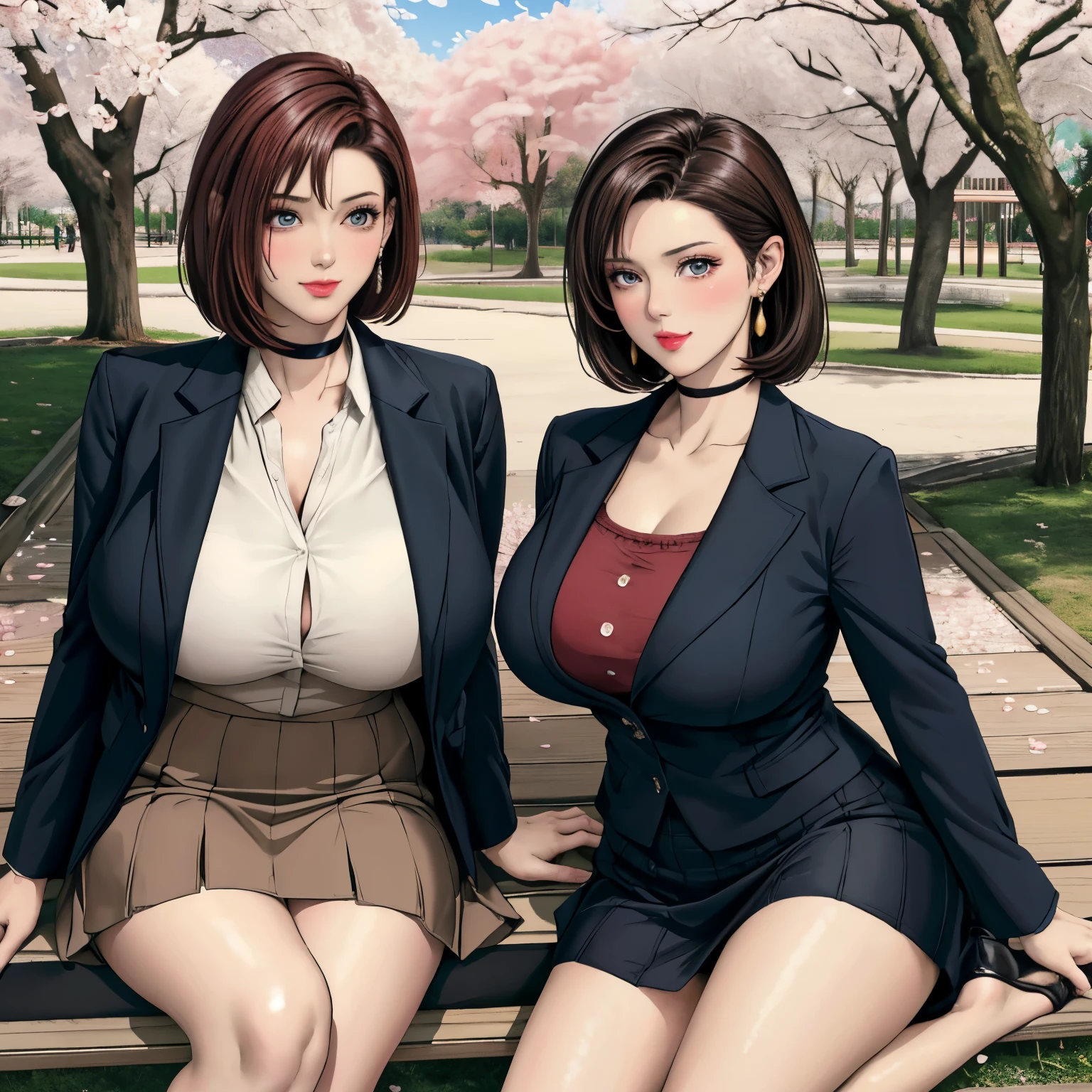 Women drinking sake while enjoying cherry blossom viewing in a park with cherry blossoms in full bloom and petals just starting to fall, In a park rich in nature、plant, (((Masterpiece of sexy pose))), ((highest quality)), ((Complex)), ((surreal)), stupid reply, mature woman, mature woman, perspective, very detailed, shape, 3 girls, ((big breasts)), perfect hands, finger details, fine and beautiful eyes, short hair, brown eyes, (business suit:1.2), open office shirt, Tight Skirt, black choker, earrings, stockings, detailed background, perfect eyes, enchanting eyes, looking at the viewer, from below, I spread a plastic sheet under a cherry tree and sat with my legs crossed., blushing cheeks, Scene of a fun party with female friends