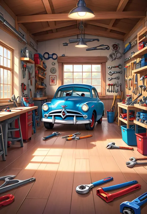 create an illustration of a workshop, (((no people or cars))) empty workshop in the disney pixar style from the film disney cars...