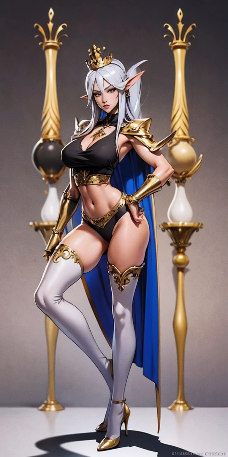 extremely long hair , ponytail, perfect anatomy 1 girl tall solo, slim thick, ((muscular)) high elf toned body, silver breast plate, blue cape, slendered abs, hourglass waist, detailed face, defined cheekbones, puffy lips, gauntlets, gold crown, shadow over eyes, looking at viewer, masterpiece, white thigh highs lingerie, high heels