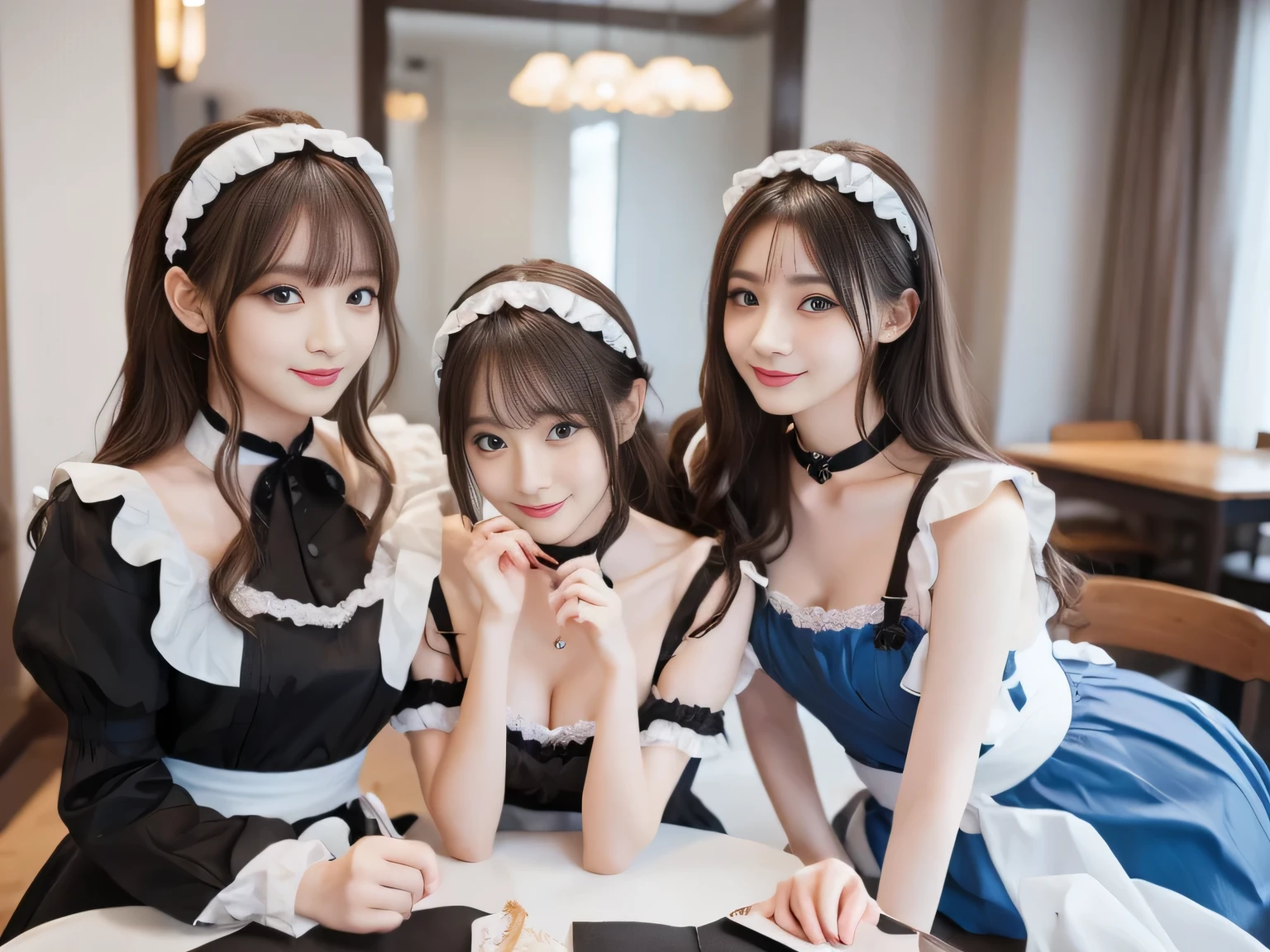 Three women in maid costumes are sitting at a table - SeaArt AI