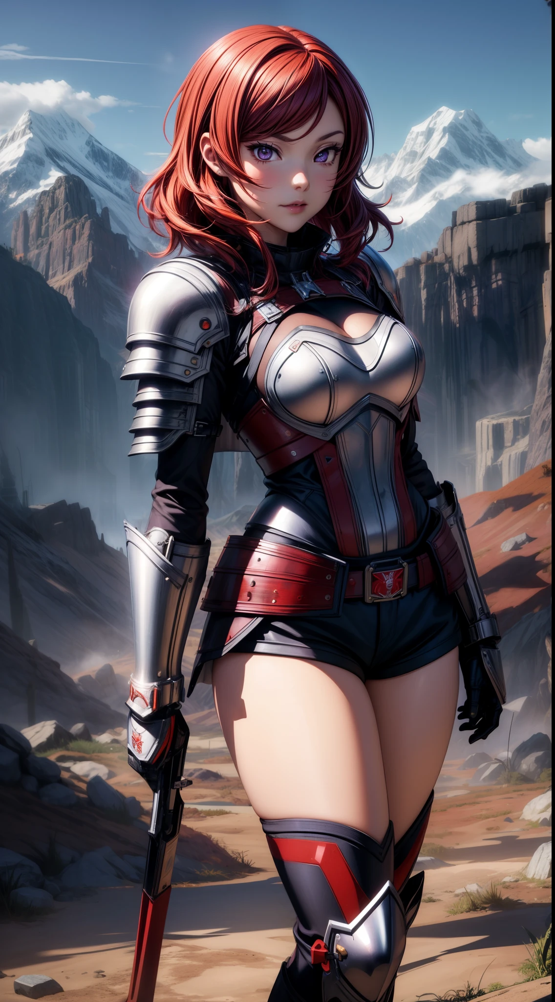 (Masterpiece, Best Quality, High Quality), facing viewer,volumetric lighting, illustration, beautiful, perfect lighting, perfect shadows,Nishikino maki , cowboy shot, (armor:1.2), short shorts, thighs, solo, (standing:0.8), purple eyes ,red hair ,in mountains,under moonlight 