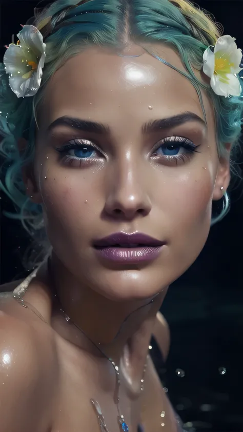 a close up of a woman with blue hair and a flower in her hair, makeup. unreal engine, wet shiny skin, slightly tanned, close up ...