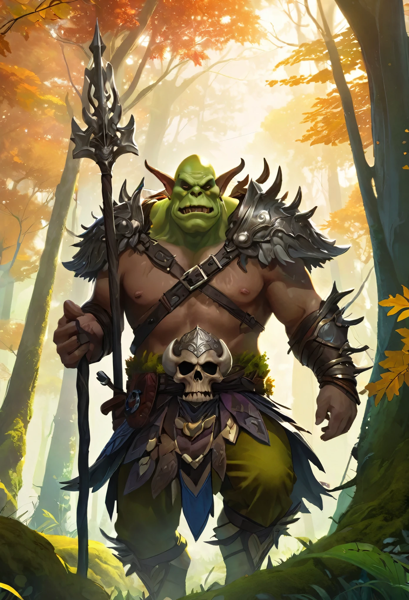 close up:1.3, (masterpiece:1.5),(Best quality:1.6), (Ultra-high resolution:1.4), strong and robust ogre, dynamic pose, with leather shoulder pads and bones, large and sharp fangs, leather belt with a skull , loincloth, detailed illustration, intricate, idyllic, magical elves in the forest:1.5, landscape, vibrant colors, sunrise, sun rays passing through the trees, leaves falling from the trees, dew on the leaves and plants, clouds, (( magical, Beautiful, otherworldly, Trees:1.4 )), (( Best quality, vibrant, 32k, clear and well-defined shadows)).