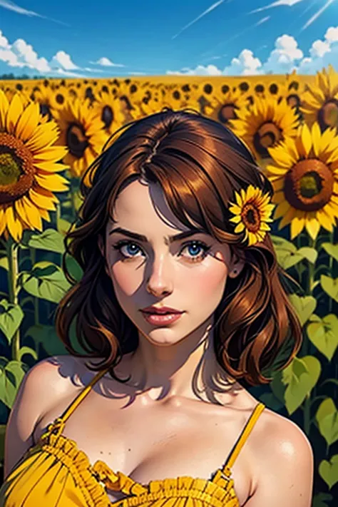 realistic portrait of two sunflowers side by side in the center of a huge lawn with barias flowers in the background on a sunny ...