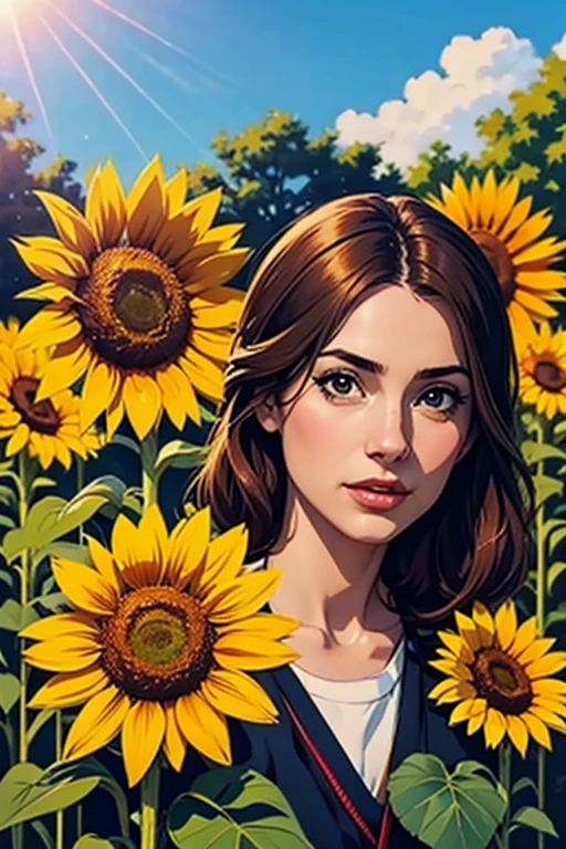 realistic portrait of two sunflowers side by side in the center of a huge lawn with barias flowers in the background on a sunny day  