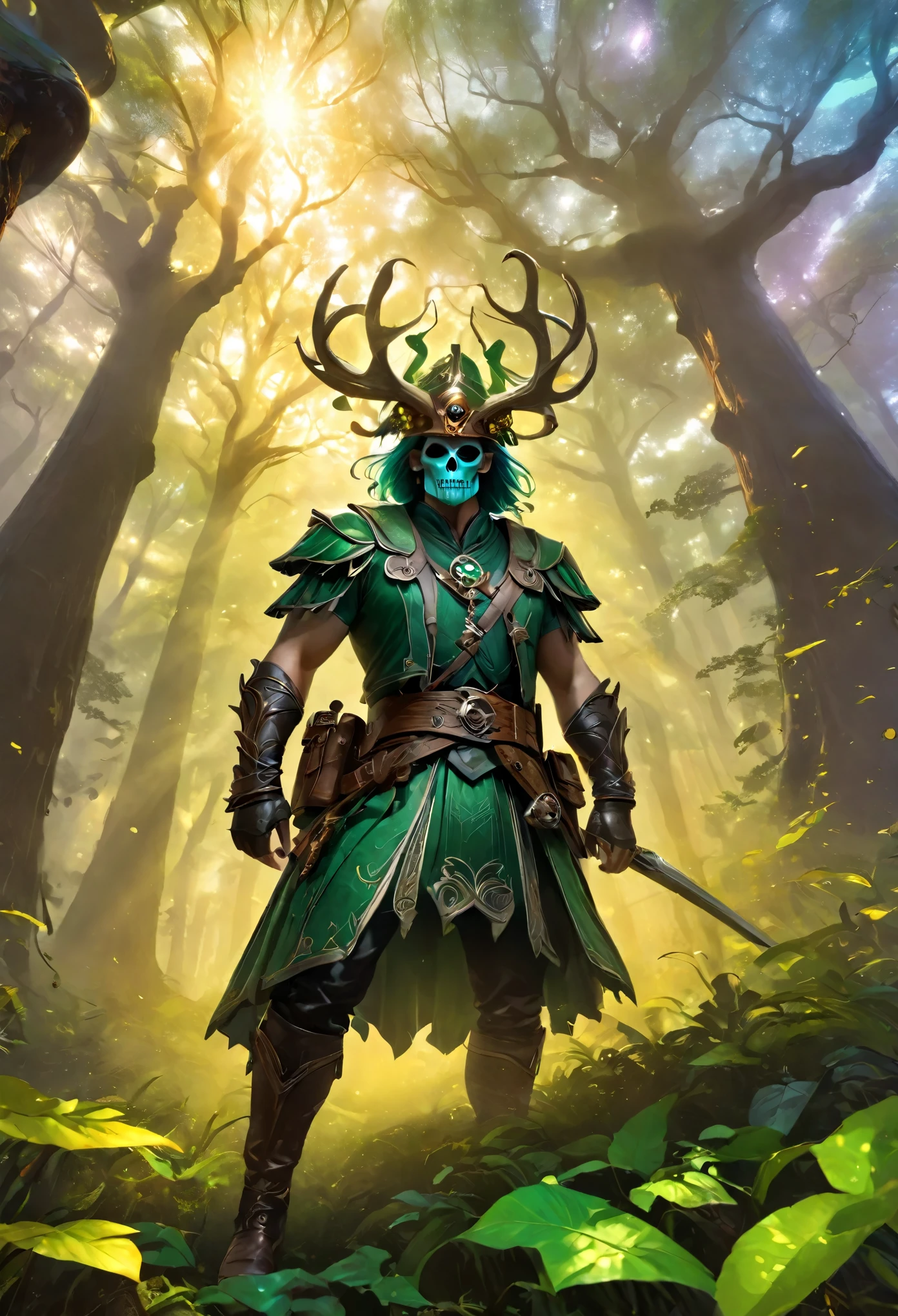 foreground: 1.3, (Masterpiece: 1.5), (Best Quality: 1.6), (ultra high resolution: 1.4), strong and robust green ogre, dynamic pose, with shoulder pads and leather bones, large and sharp fangs, leather belt with a skull, loincloth, detailed illustration, intricate elves, idyllic and magical in the forest: 1.5, landscape, colores Vibrants, sunrise, sun rays passing through the trees, leaves falling from the trees, dew on leaves and plants, clouds, ( (magical, beautiful, from another world, trees:1.4)), ((Best Quality, Vibrant, 32k, clear, well-defined shadows)).
