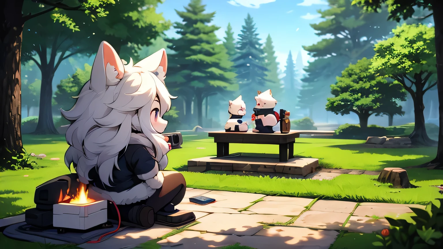 Background 8 bit gaming, forest, trees, samurai temmie, cute, white fur, furry, playing console. There is a katana laying on the ground, next to the temmie.