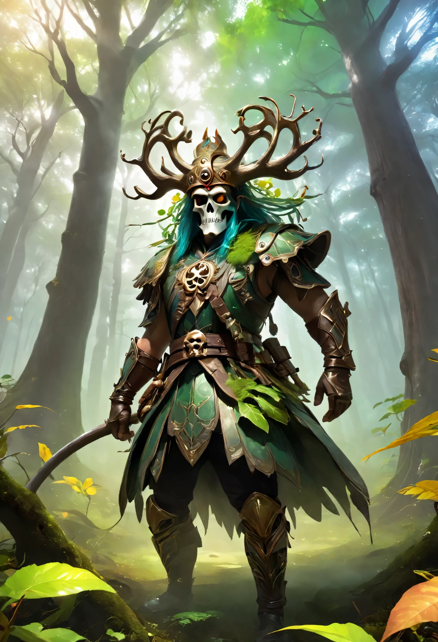 foreground: 1.3, (Masterpiece: 1.5), (Best Quality: 1.6), (ultra high resolution: 1.4), strong and robust green ogre, dynamic pose, with shoulder pads and leather bones, large and sharp fangs, leather belt with a skull, loincloth, detailed illustration, intricate elves, idyllic and magical in the forest: 1.5, landscape, colores Vibrants, sunrise, sun rays passing through the trees, leaves falling from the trees, dew on leaves and plants, clouds, ( (magical, beautiful, from another world, trees:1.4)), ((Best Quality, Vibrant, 32k, clear, well-defined shadows)).