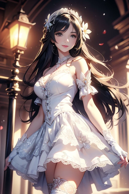 Low - Angle,from below,((1 girl, white blouse, Elegant flared skirt with flower print)), ((masterpiece:1.4, highest quality)), ((masterpiece, highest resolution)), (beautiful illustrations),(Semi-long beautiful black hair),silver hair, (Elegant flared skirt with flower print),　(looking at the viewer),
 innocent smile, Day,red light district,cinematic lighting, white over knee high,lace chalk, Wristband, fingerless gloves, over knee high,
lace chalk, diamond necklace,Wristband, fingerless gloves, 