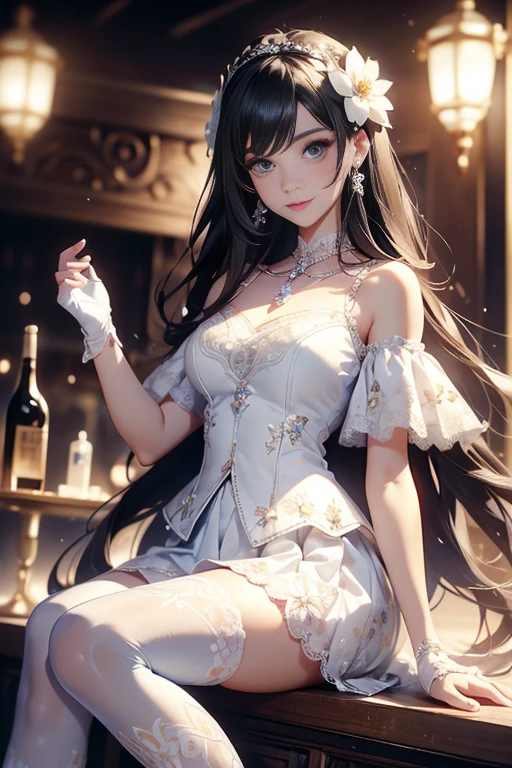 Low - Angle,from below,((1 girl, white blouse, Elegant flared skirt with flower print)), ((masterpiece:1.4, highest quality)), ((masterpiece, highest resolution)), (beautiful illustrations),(Semi-long beautiful black hair),silver hair, (Elegant flared skirt with flower print),　(looking at the viewer),
 innocent smile, Day,red light district,cinematic lighting, white over knee high,lace chalk, Wristband, fingerless gloves, over knee high,
lace chalk, diamond necklace,Wristband, fingerless gloves, 