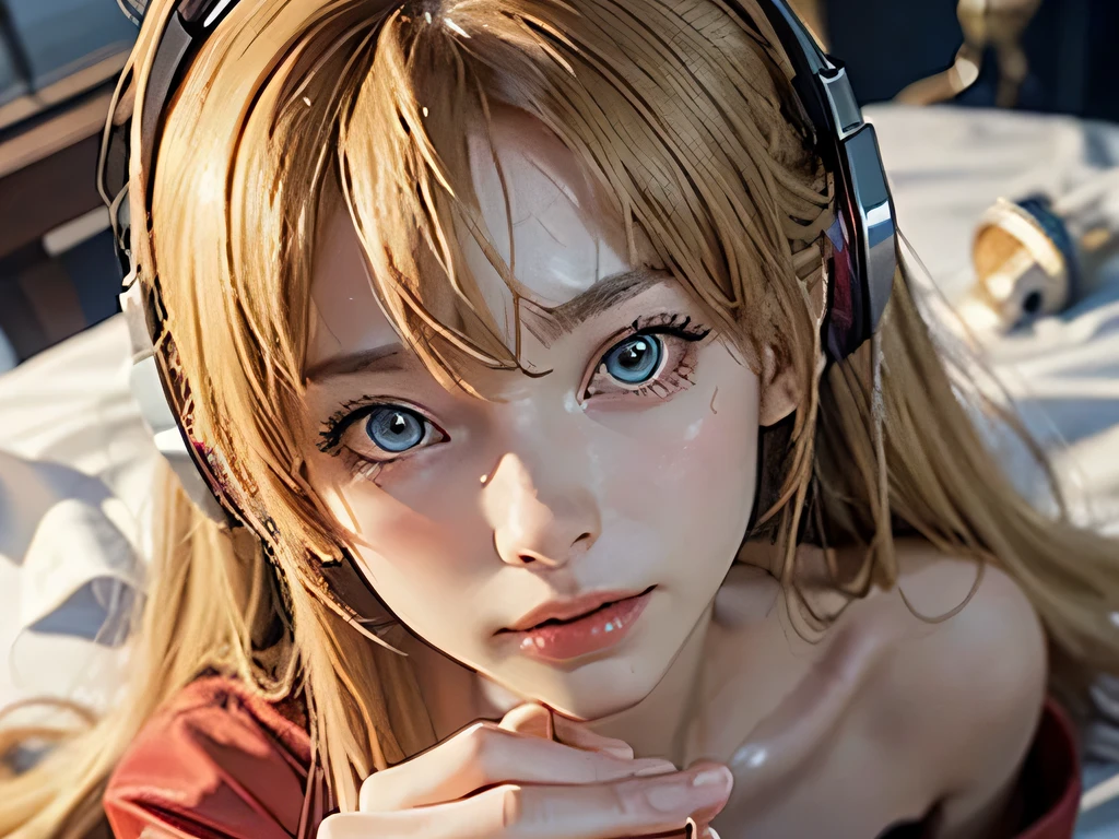 (top view),Dynamic angle,Super detailed, illustration, close up, direct, 1 girl, ((Soryu Asuka Langley, interface headphone, red jumpsuit:1.4, Blonde)),Her eyes shone like fantastic stars,(glowing eyes:1.233),(Beautiful and delicate eyes:1.1),(Poker face,Keep your mouth shut),(permanent), (Mechanical room with tools and spaceship windows in white spaceship), (night:1.2),fantastic, [[slender fingers and hands:0.55]::0.85],(Detail fingers),