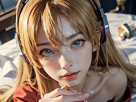 (top view),dynamic angle,super detailed, illustration, close up, direct, 1 girl, ((soryu asuka langley, interface headphone, red...