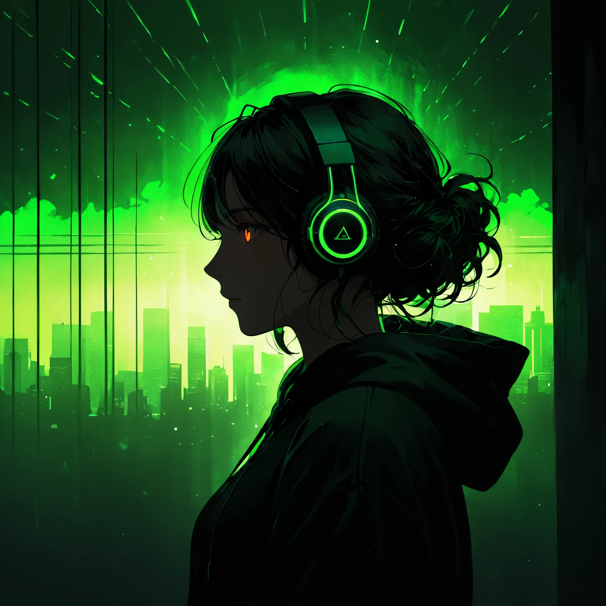 1girl, solo, headphones, hoodie, silhouette, green theme, low saturation,silhouette，darkness，(Background with rich lines:1.8)，abstract background, detail glow red eyes, (looking the view:1.5)