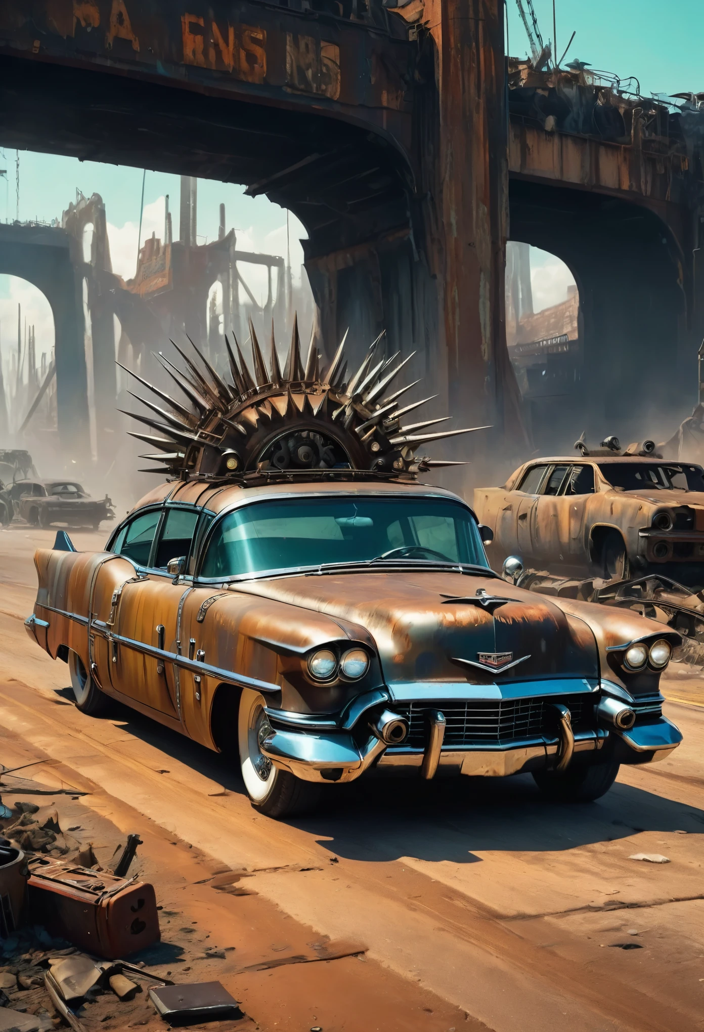 image fidèle d&#39;un vieux eldorado cadilac rouillé de 1955 avec des pointes et des pointes sur le capot, style militaire avec modifications, il roule sur un viaduc détruit au centre d&#39;une ville post-apocalyptique, Voiture Steampunk, l&#39;art dramatique, style artistique dieselpunk, Ambiance apocalyptique Road Warrior, une fille avec des lunettes de soleil est à l&#39;intérieur de la voiture, art numérique surréaliste, Mad Max inspiré, heavy art du métalwork, symétrie du visage chromé, art steampunk numérique, Il&#39;ce n&#39;est pas le style Mad Max, art du métal, Il&#39;ce n&#39;est pas Filip Hodas&#39; style artistique, art steampunk numérique, dieselpunk, dans un monde de haute technologie, photo en diagonale