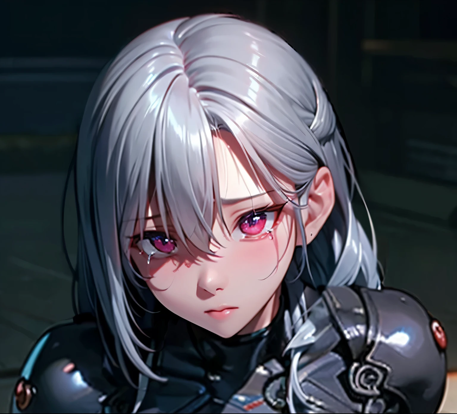 girl,embarrassed, bushful face, crying, silver color hair, beautiful eye, high detailed pupil, double eyelid, high detailed real skin, high quality skin, sweaty skin, professional lighting, real shadow, masterpiece,