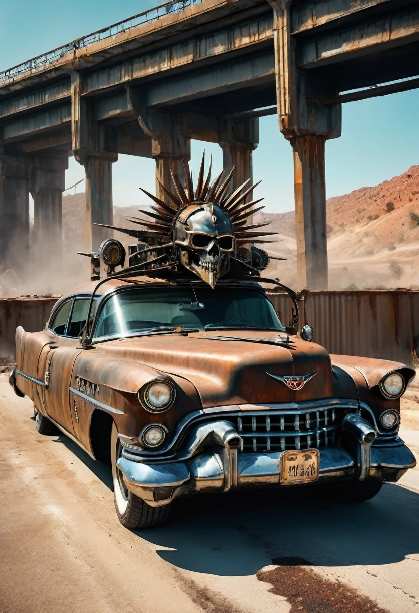 faithful image of an old rusty 1955 cadilac eldorado with spikes and spikes on the hood, military style with modifications, he is running high above a destroyed white concrete overpass in the center of a post apocalyptic city, carro steampunk, dramatic art, estilo de arte dieselpunk, apocalyptic road warrior vibe, a girl with sunglasses is inside the car, arte digital surreal, Mad Max inspirado, heavy metal artwork, simetria da face cromada, arte steampunk digital, It&#39;s not the Mad Max style, metal art, It&#39;s not Filip Hodas&#39; art style, arte digital steampunk, dieselpunk, em um mundo hightech, foto na diagonal