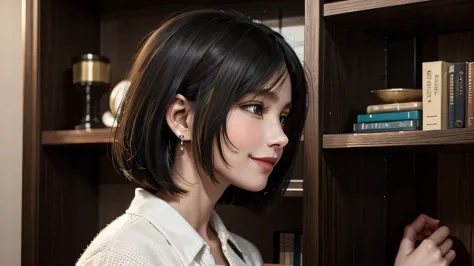 a 25 years old american caucasian woman seen in profile, sporting a black bob haircut. her earrings are small and discreet, comp...