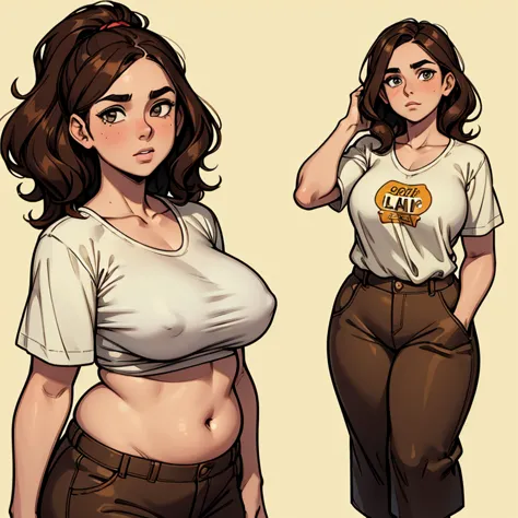 A girl who has honey-colored eyes and short, neck-length, wavy dark brown hair..... He has a somewhat chubby physique, brown ski...