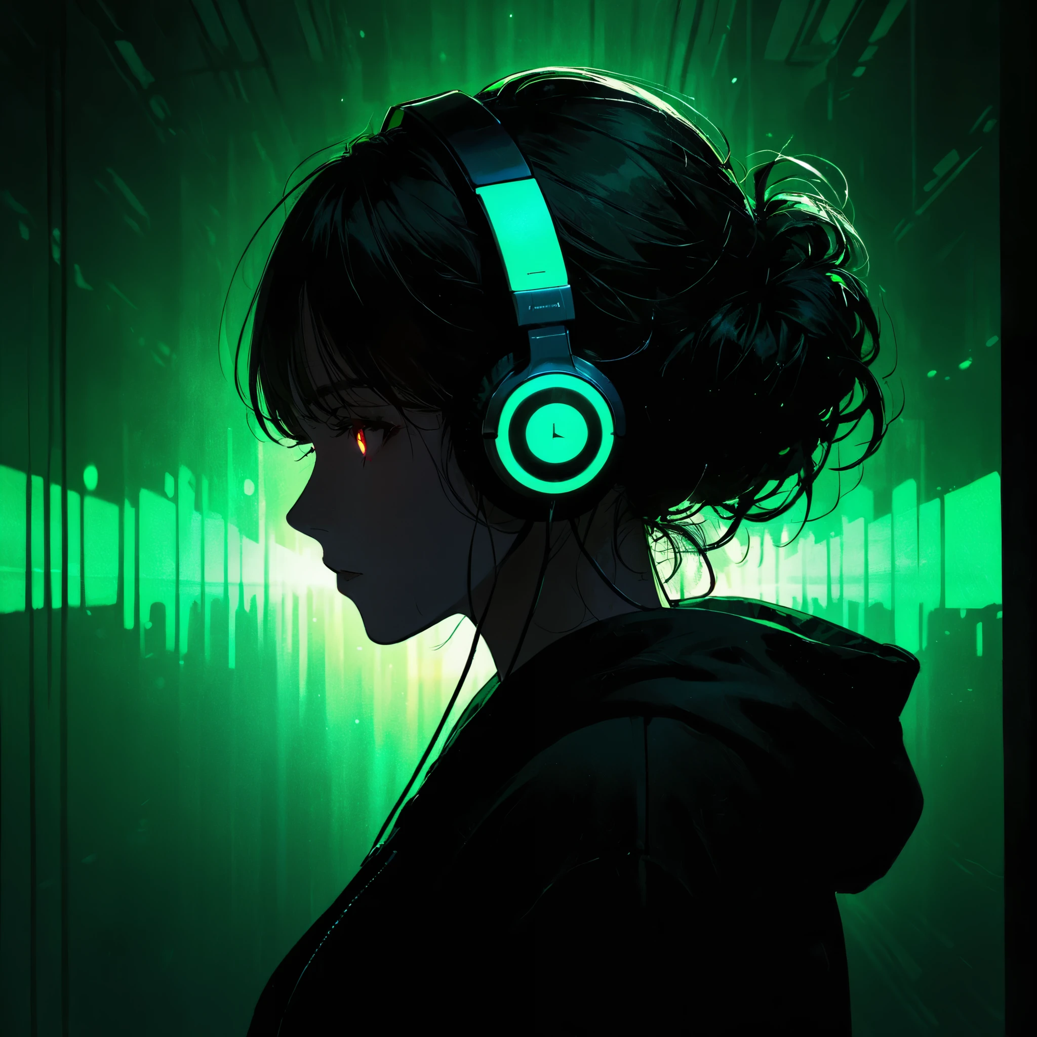 1girl, solo, headphones, hoodie, silhouette, green theme, low saturation,silhouette，darkness，(Background with rich lines:1.8)，abstract background, detail glow red eyes, (looking the view:1.5)