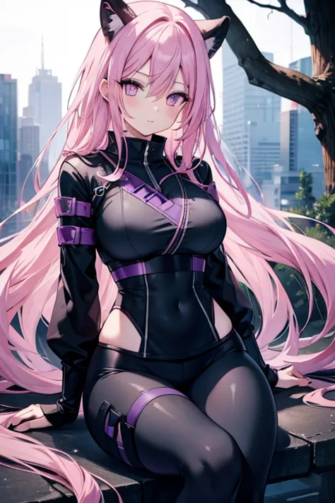 a pink haired female ninja with violet eyes and an hourglass figure in a conservative ninja outfit with black leggings  is sitti...