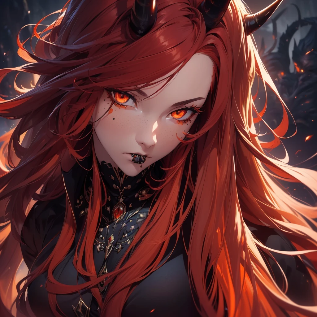 (best quality,4k,highres,masterpiece:1.2),ultra-detailed,realistic:1.37, portraits, (((long flowing red hair))), beautifully fair skin, black outfit, (((piercing orange eyes))), sensual pose, ((subtle black spots, mysterious aura, monochromatic colors)), mature woman, ((black horn))