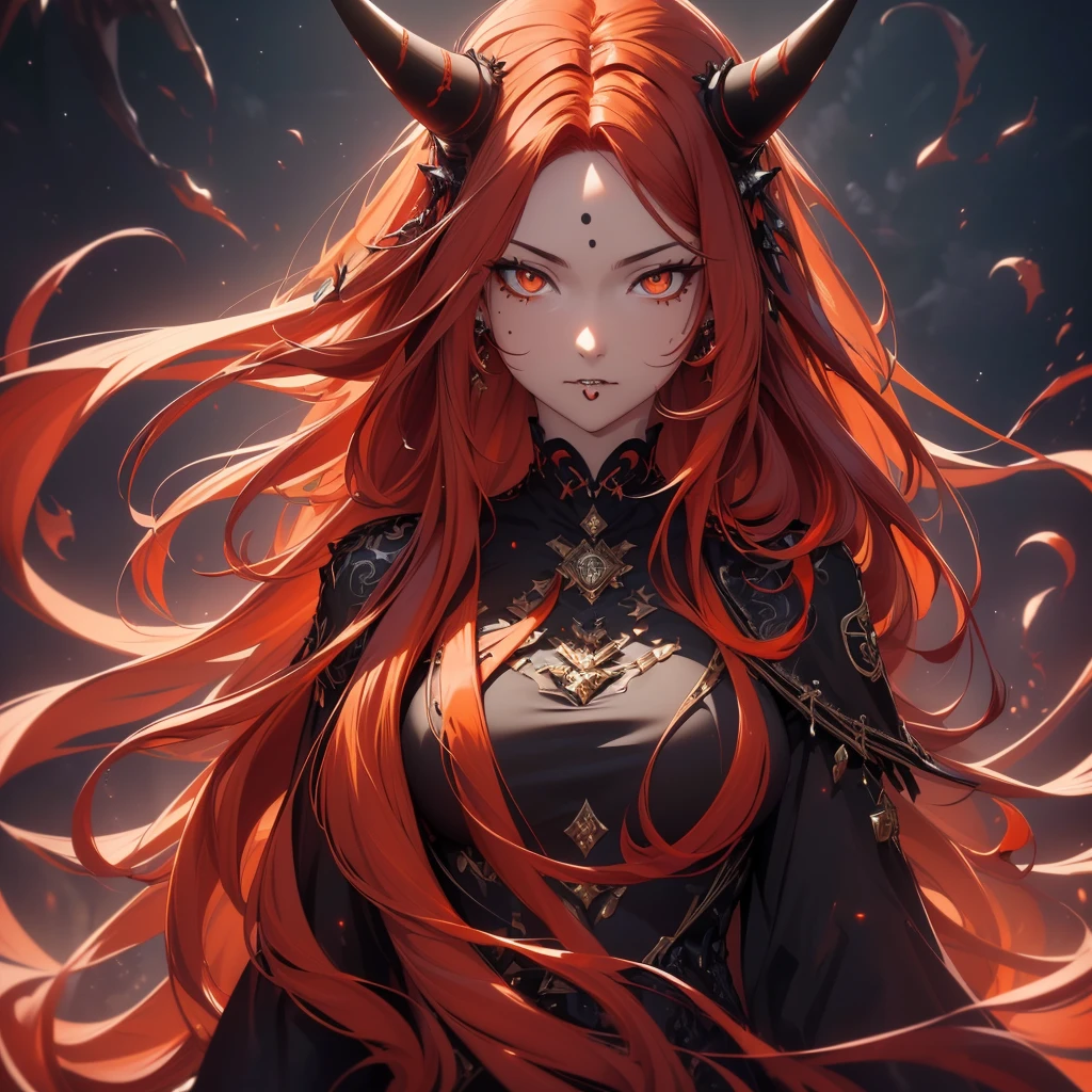 (best quality,4k,highres,masterpiece:1.2),ultra-detailed,realistic:1.37, portraits, (((long flowing red hair))), beautifully fair skin, black outfit, (((piercing orange eyes))), sensual pose, ((subtle black spots, mysterious aura, monochromatic colors)), mature woman, ((black horn))