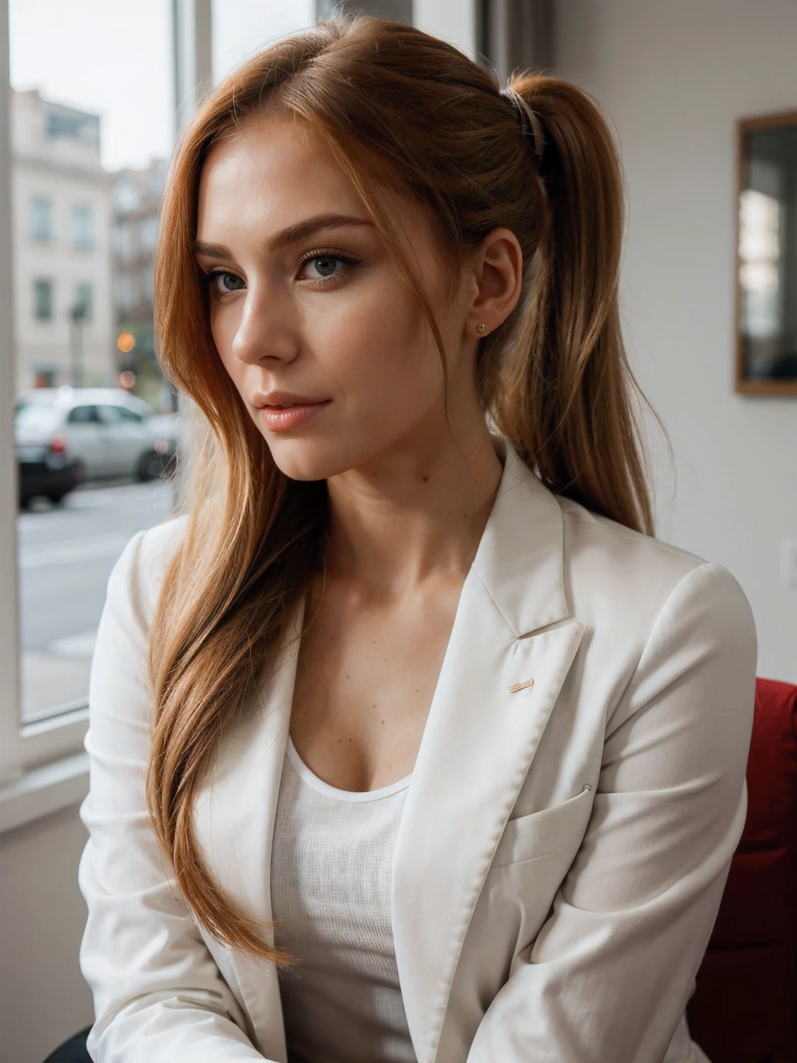 (best quality,4k,realistic:1.37),ginger woman sitting on the boss chair, like a boss,expensive notorius blazer,gorgeous,detailed eyes and lips,ultra-detailed long blonde hair,confident posture,stately presence,high-end luxury,beautifully manicured nails,impeccable makeup,modern interior design,soft natural lighting,vibrant colors,photorealistic rendering,bokeh,ponytail hairstyle
