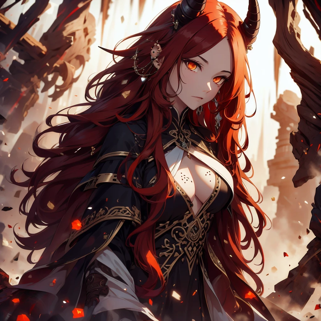 (best quality,4k,highres,masterpiece:1.2),ultra-detailed,realistic:1.37, portraits, (((long flowing red hair))), beautifully fair skin, black outfit, (((piercing orange eyes))), sensual pose, ((subtle black spots, mysterious aura, monochromatic colors)), mature woman, ((black horn))