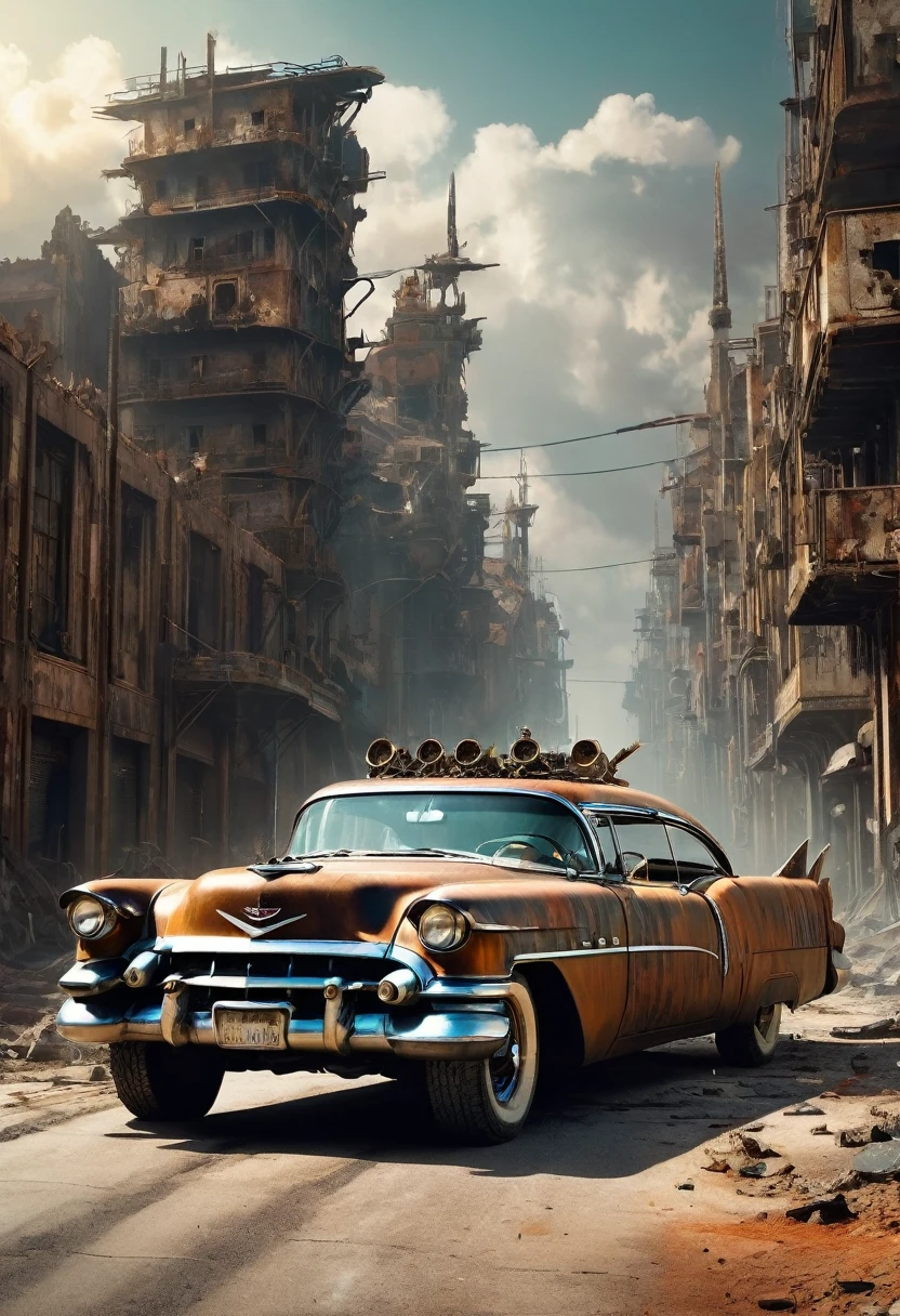 faithful image of an old rusty 1955 cadilac eldorado with spikes and spikes on the hood, military style with modifications, the car is racing on a street suspended over a destroyed white concrete overpass in the center of a post-apocalyptic city with many buildings around, carro steampunk, dramatic art, estilo de arte dieselpunk, apocalyptic road warrior vibe, a girl with sunglasses is inside the car, arte digital surreal, Mad Max inspirado, heavy metal artwork, simetria da face cromada, arte steampunk digital, It&#39;s not the Mad Max style, metal art, It&#39;s not Filip Hodas&#39; art style, arte digital steampunk, dieselpunk, em um mundo hightech, foto na diagonal