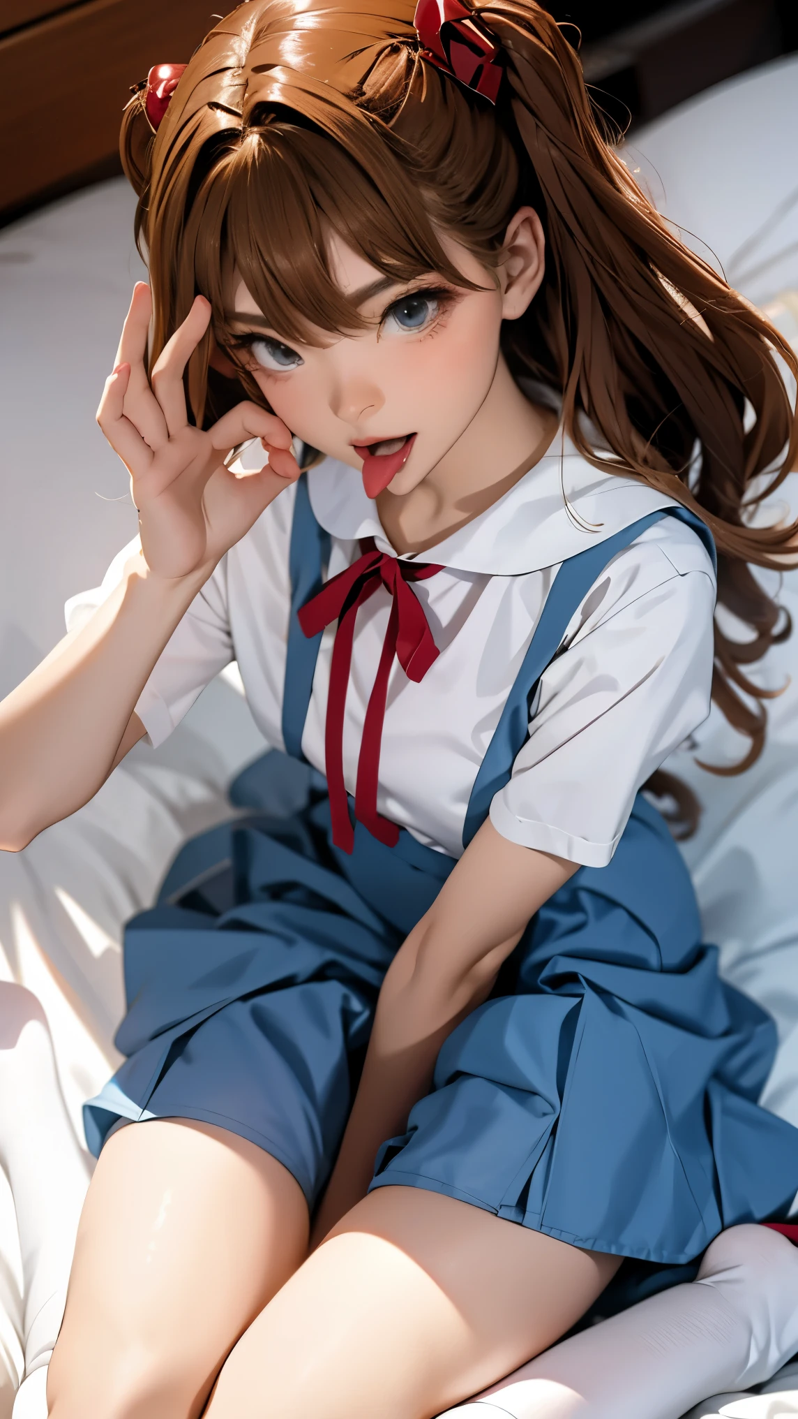 ((highest quality, 8K, masterpiece:1.3, realistic:1.3)), {{lying in bed, From above, dakimakura}}, Japan , single woman,  very light brown hair, With bangs, ( socks, thick tank top,Store the song on the cotton side), Highly detailed face and skin texture, fine eyes, lip details, The hair is very well drawn, Pueros face,  embarrassed look, White high-leg shorts、natural makeup:1.0,skirt lift, FERRATIO gesture,