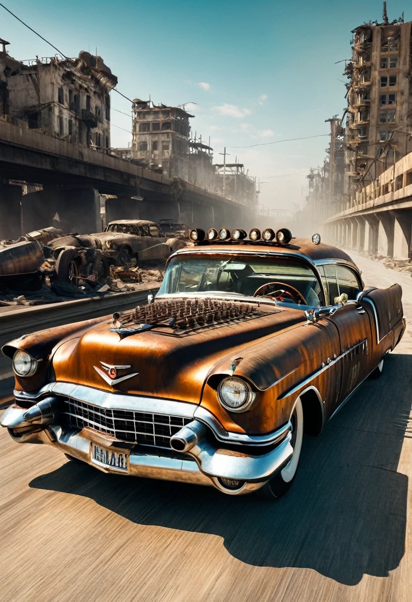 faithful image of an old rusty 1955 cadilac eldorado with spikes and spikes on the hood, military style with modifications, the car is racing on a street suspended over a destroyed white concrete overpass in the center of a post-apocalyptic city with many buildings around, carro steampunk, dramatic art, estilo de arte dieselpunk, apocalyptic road warrior vibe, a girl with sunglasses is inside the car, arte digital surreal, Mad Max inspirado, heavy metal artwork, simetria da face cromada, arte steampunk digital, It&#39;s not the Mad Max style, metal art, It&#39;s not Filip Hodas&#39; art style, arte digital steampunk, dieselpunk, em um mundo hightech, foto na diagonal