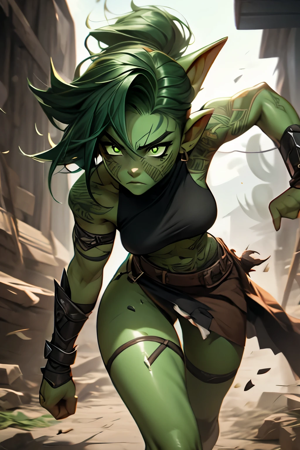 4k, extremely muscular goblin tomboy, wearing loin cloth and loose black halter, breasts bouncing, brash, confident, light green skin, pointy ears, green eyes, short length messy green punk hair, small breasts, many tattoos, face tattoo, 1girl, solo, battecry, charging into battle, running, war, sword drawn, action scene, cinematic still, dynamic, killing enemy, raging