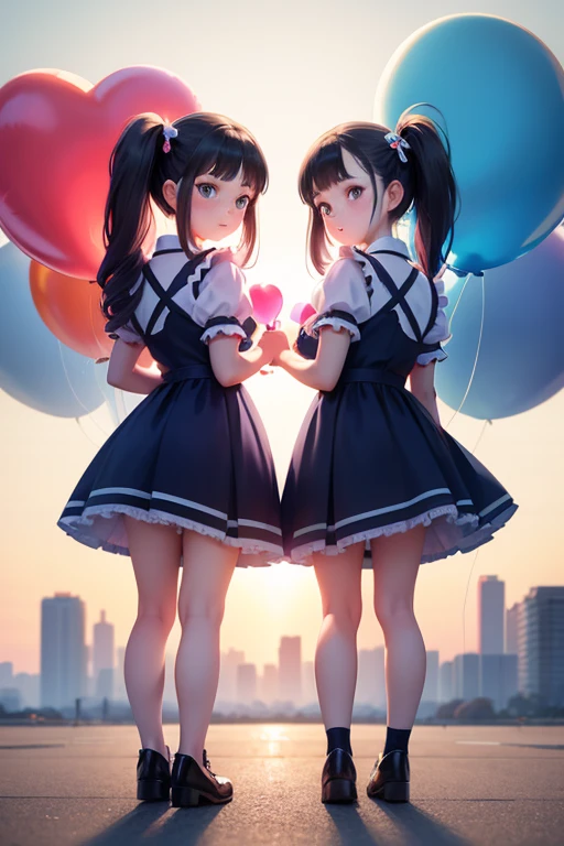 two 8 years old girls, ((having a lot of balloons)) , real photo, (((full body))), (looking back at me), twin tails, (blue apron dress), cyberpunk , ((sunlight))
