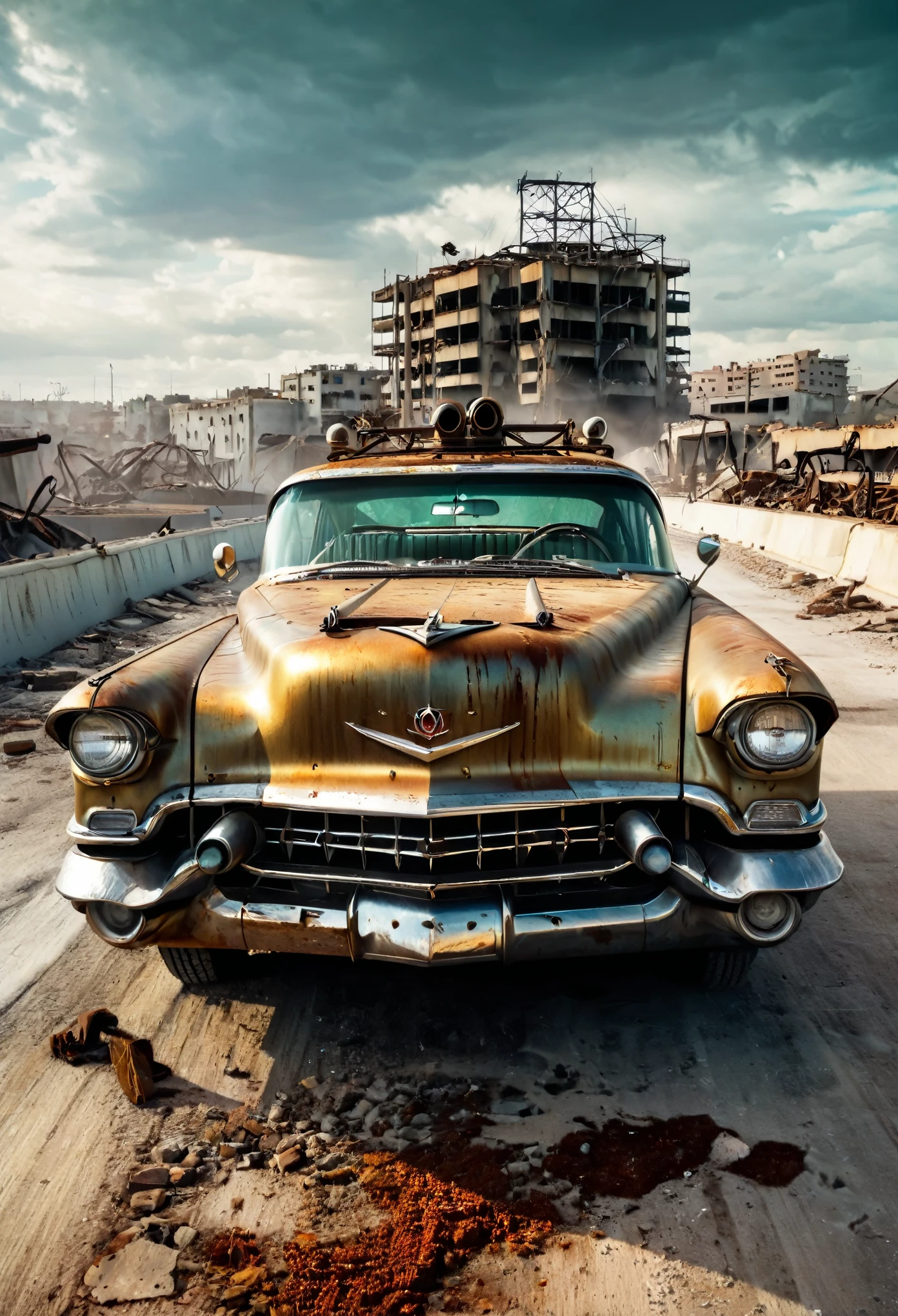 image fidèle d&#39;un vieux eldorado cadilac rouillé de 1955 avec des pointes et des pointes sur le capot, style militaire avec modifications, la voiture roule dans une rue suspendue au-dessus d&#39;un viaduc en béton blanc détruit au centre d&#39;une ville post-apocalyptique avec de nombreux bâtiments autour, Voiture Steampunk, l&#39;art dramatique, style artistique dieselpunk, Ambiance apocalyptique Road Warrior, une fille avec des lunettes de soleil est à l&#39;intérieur de la voiture, art numérique surréaliste, Mad Max inspiré, heavy art du métalwork, symétrie du visage chromé, art steampunk numérique, Il&#39;ce n&#39;est pas le style Mad Max, art du métal, Il&#39;ce n&#39;est pas Filip Hodas&#39; Style artistique, art numérique Steampunk, dieselpunk, dans un monde de haute technologie, photo en diagonale