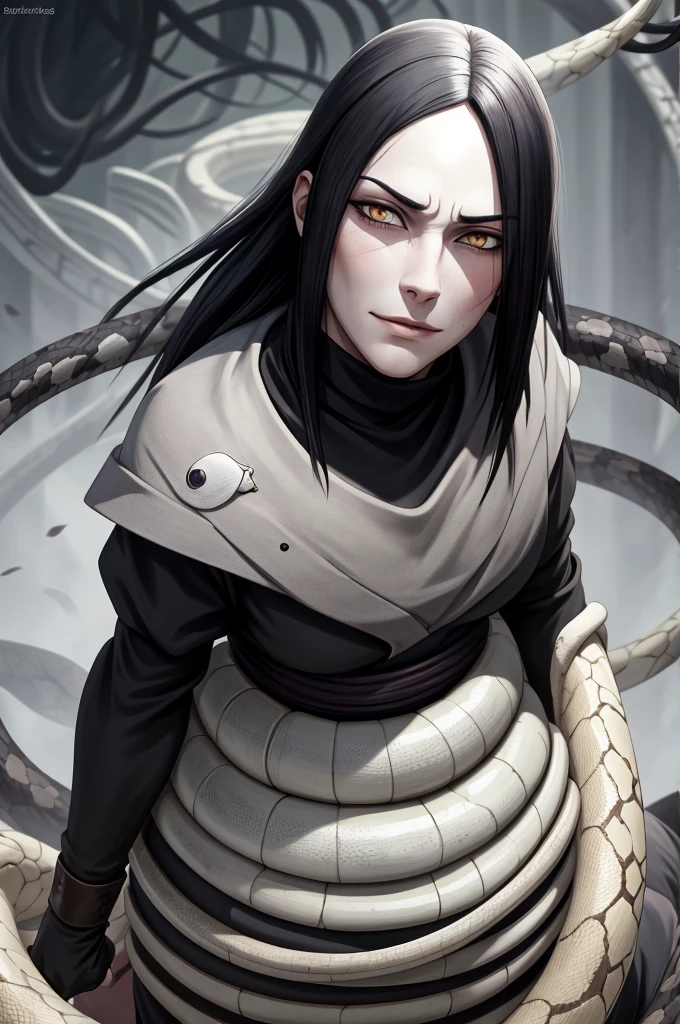 {-erro_de_anatomia:1.0} estilo anime, Masterpiece, absurdities, Orochimaru\(Naruto\), 1girl Solo, Mature woman, Oversized shirt with broad shoulders, Perfect composition, Detailed lips, large breasts, Beautiful face, body proportion, Blush, Long black hair, ( black hair), yellow eyes, Soft gauze, Super realistic, Detailed, photo shoot, Realistic faces and bodies, masterpiece, best quality, best ( white snake) illustration, hyper detailed, 1 girl, solo, glamorous, blushing, whole body, 