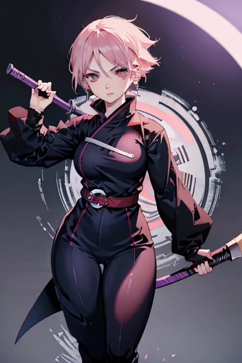 A light pink haired female ninja with violet eyes and an hourglass figure in a conservative sarada outfit is spinning a scythe