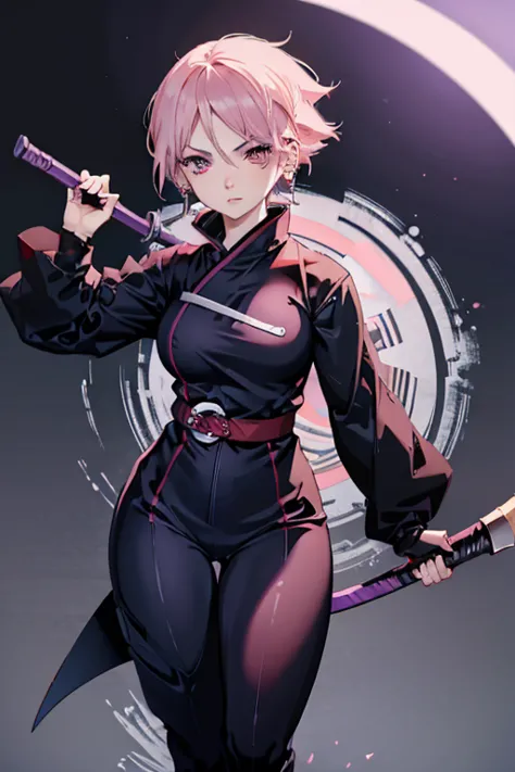 a light pink haired female ninja with violet eyes and an hourglass figure in a conservative sarada outfit is spinning a scythe