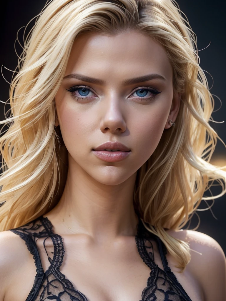 (best quality, extremely detailed, hyperrealistic, photorealistic:1.37), Scarlett Johansson face, detailed blond hair, blue eyes, beautiful detailed eyes, beautiful detailed lips, oiled skin, busty, wearing black lace lingerie, seductive pose, looking towards the viewer, full-body shot, long legs, small head, slender figure, elegant posture, studio lighting, vivid colors, sharp focus, Small head