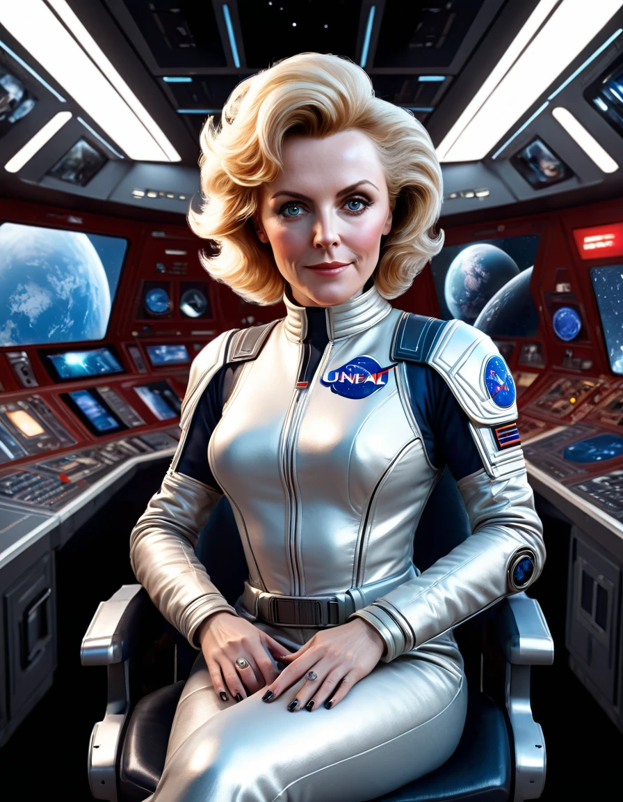 (obra de arte, melhor qualidade, ilustração, motor irreal 5, Arte oficial:1.3), Esquema de cores vermelho rico, Imagem hiper-realista de Don Lawrence de cabelos loiros [Marilynn Monroe:Elizabeth Sladen:0.45] como uma exploradora espacial feminina, um tecnocrático, onívoro, iridescente, comandante astronauta, (sentado em uma sala de controle de base estelar:1.2),rosto detalhado, cabelo detalhado, olhos detalhados, dedos perfeitos, detalhes incrivelmente intrincados, absurdos, 8K